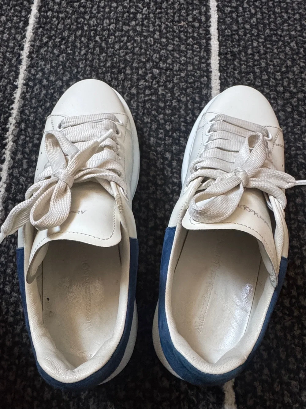 Alexander McQueen White Leather Platform Sneakers with Navy Heel Tab